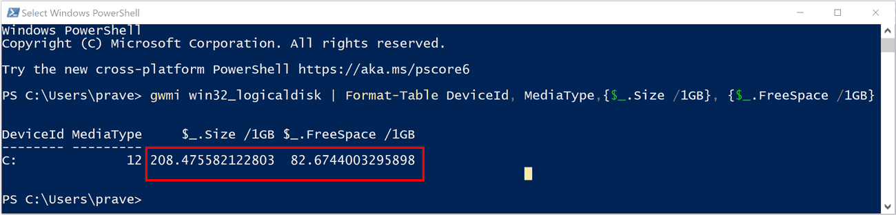 Windows PowerShell gwmi command in windows10 and windows11 to get the size of the storage device SSD and hard disk drive